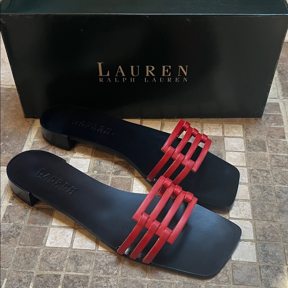 Lauren Ralph Lauren Red Vachetta Vicki sz 7  Strappy Slide Mules 🆕